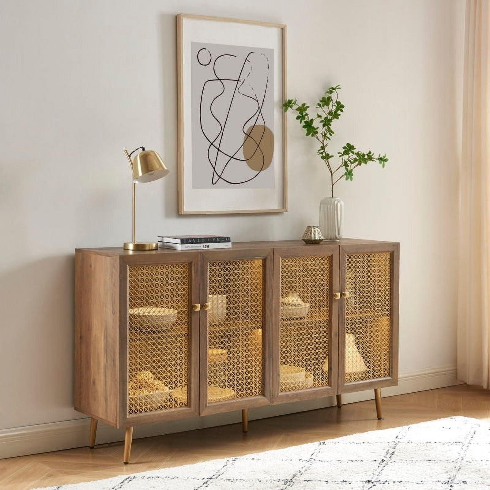 61.7''W Four Door Wood Buffets and Sideboards Storage Cabinet with LED Light Rustic Oak