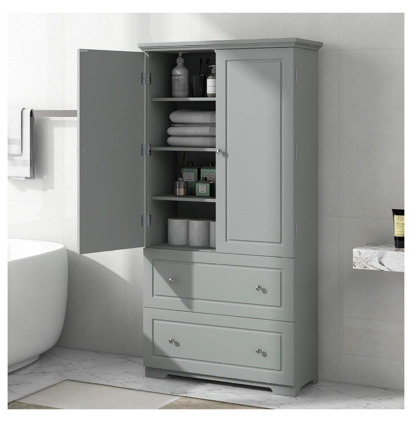 Gray MDF Freestanding Storage Cabinet with Adjustable Shelves and Drawers