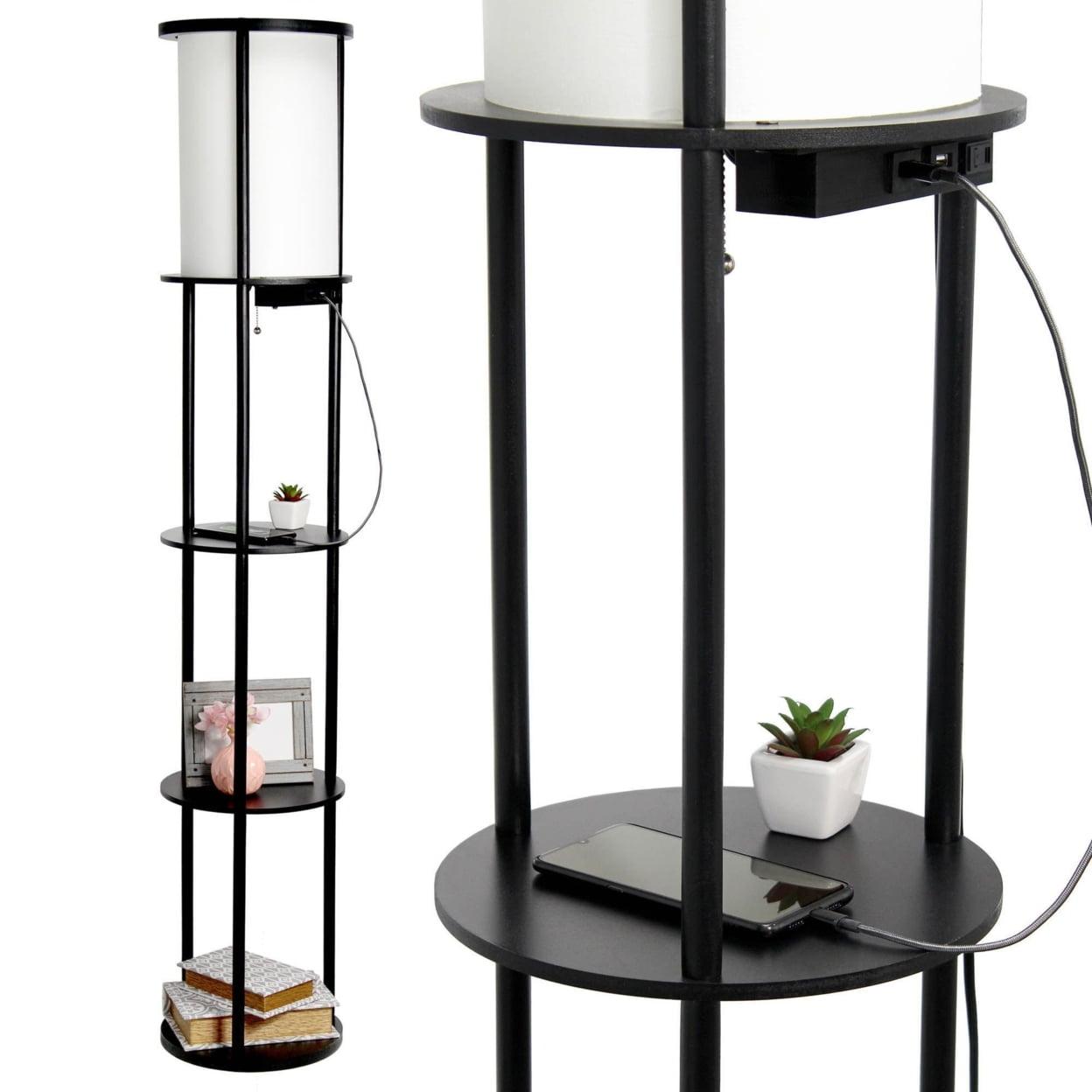 Elegant 62.5" Black Etagere Floor Lamp with USB Ports and Linen Shade