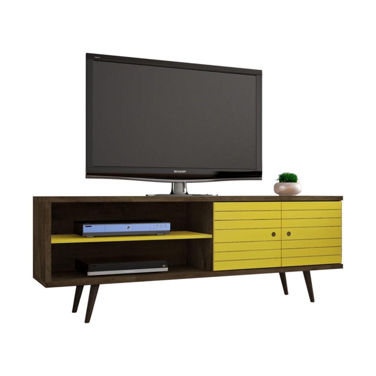 Liberty 63" Rustic Brown and Yellow Mid-Century Modern TV Stand with Cabinet