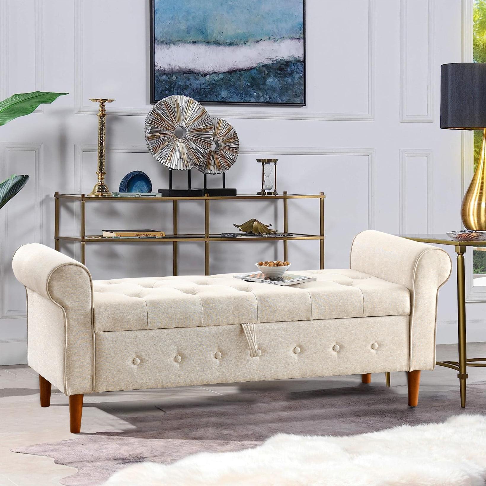 62" Storage Ottoman Bench, Button Tufted Linen Entryway Bench with Wood Veneer, wood Legs, Armrests, Large Storage Bench for Living Room, Bedroom, End of Bed, Entryway, Beige