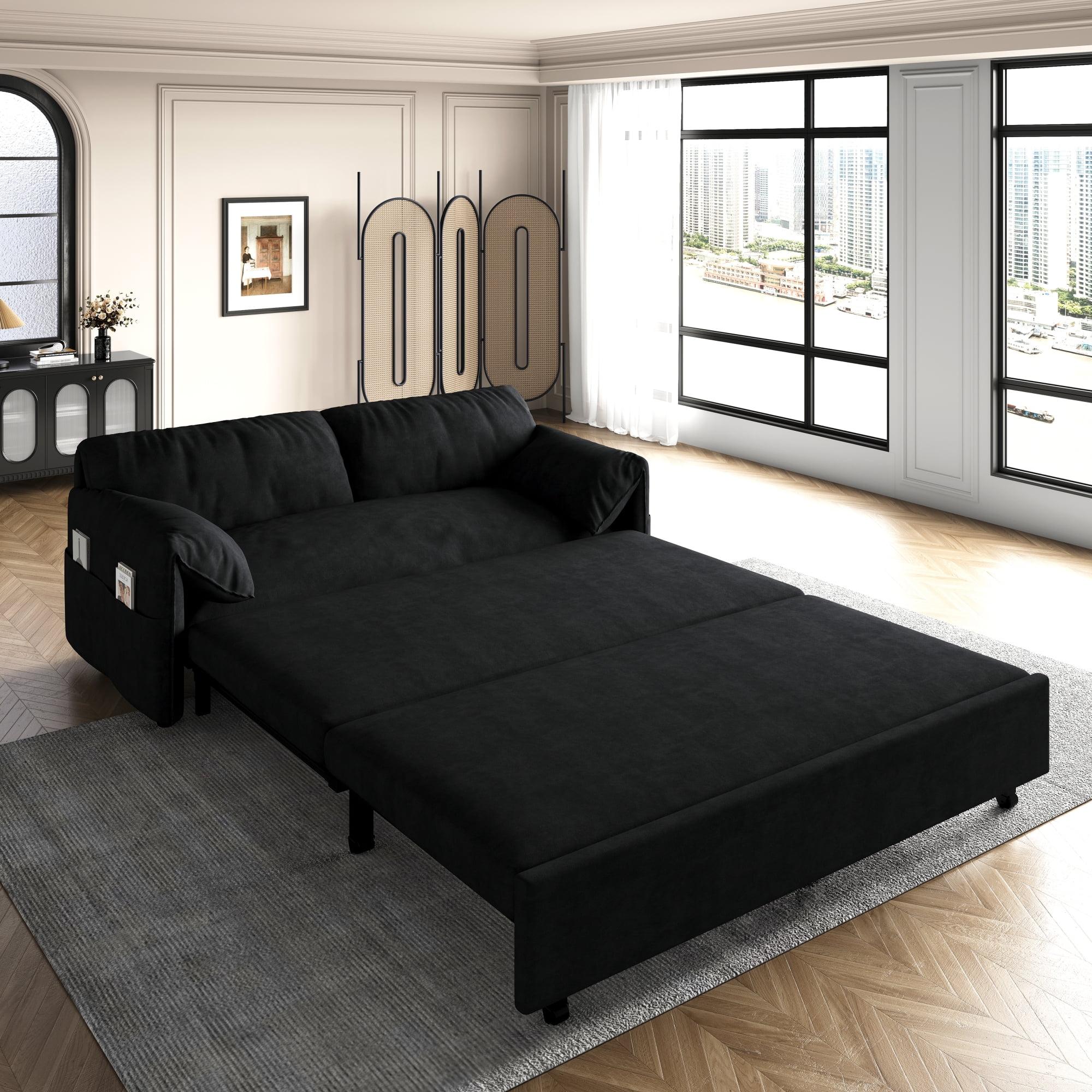 Tabaray 63.8" Futon Sofa Bed Queen Size, Pull Out Bed, 3-in-1 Convertible Sleeper Sofa with Side Pocket, Modern Plush Velvet Futon Couch for Living Room, Small Space, Apartment, Bedroom, Black