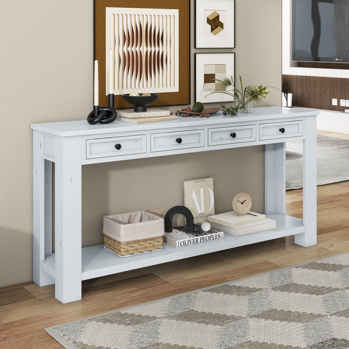 63" White Wood Console Table with 4 Drawers and Shelf