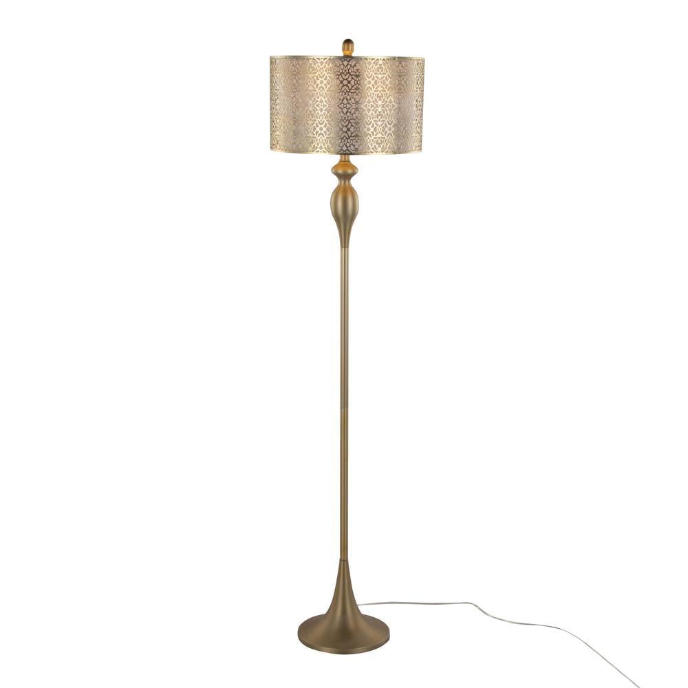 LumiSource Ashland 63" Contemporary Metal Floor Lamp in Gold with Off-White Linen Shade: UL Listed, 1-Way Switch