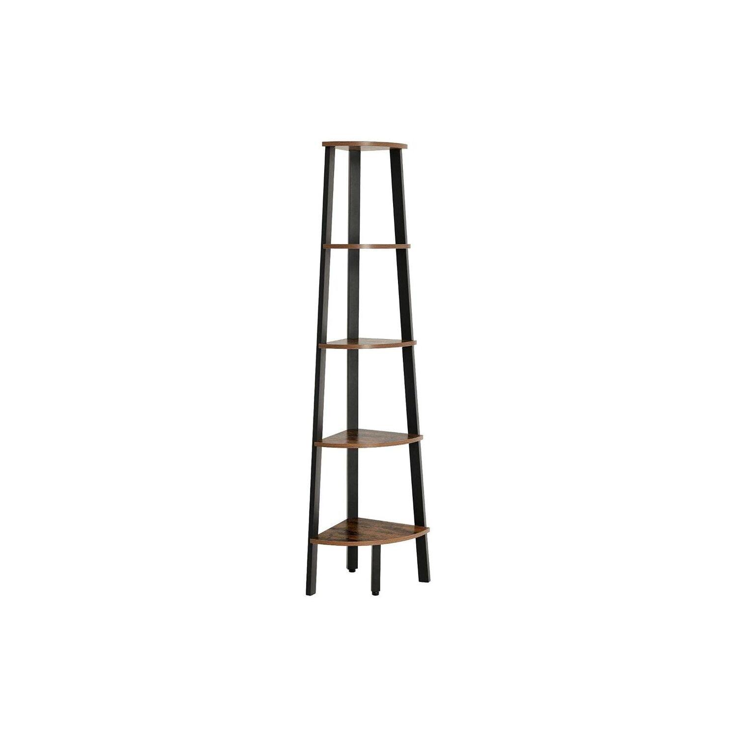 63 Inch Corner Bookcase 5 Tier Shelves, Ladder Storage, Rustic Brown, Black - Saltoro Sherpi