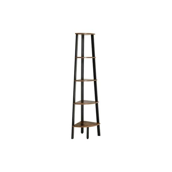 63 Inch Corner Bookcase 5 Tier Shelves, Ladder Storage, Rustic Brown, Black - Saltoro Sherpi