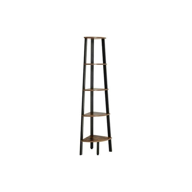 63 Inch Corner Bookcase 5 Tier Shelves, Ladder Storage, Rustic Brown, Black - Saltoro Sherpi