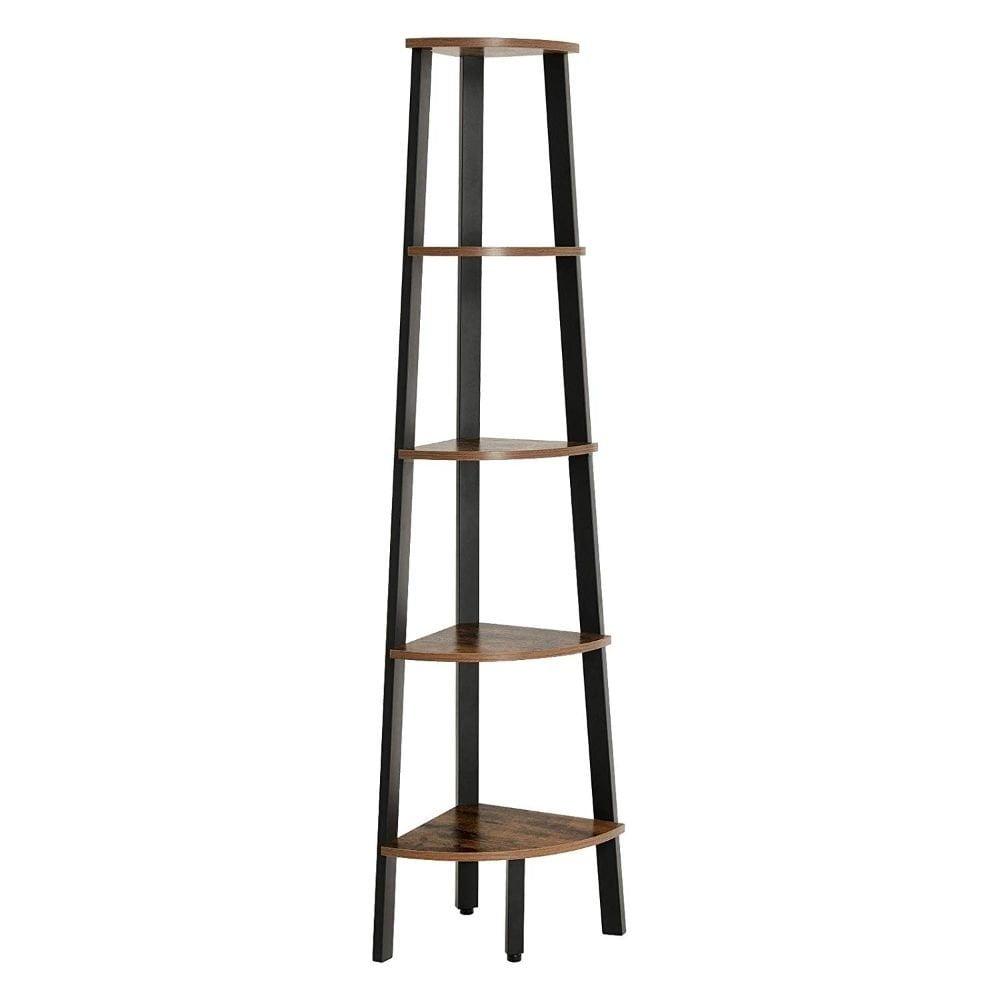 63 Inch Corner Bookcase 5 Tier Shelves, Ladder Storage, Rustic Brown, Black - Saltoro Sherpi