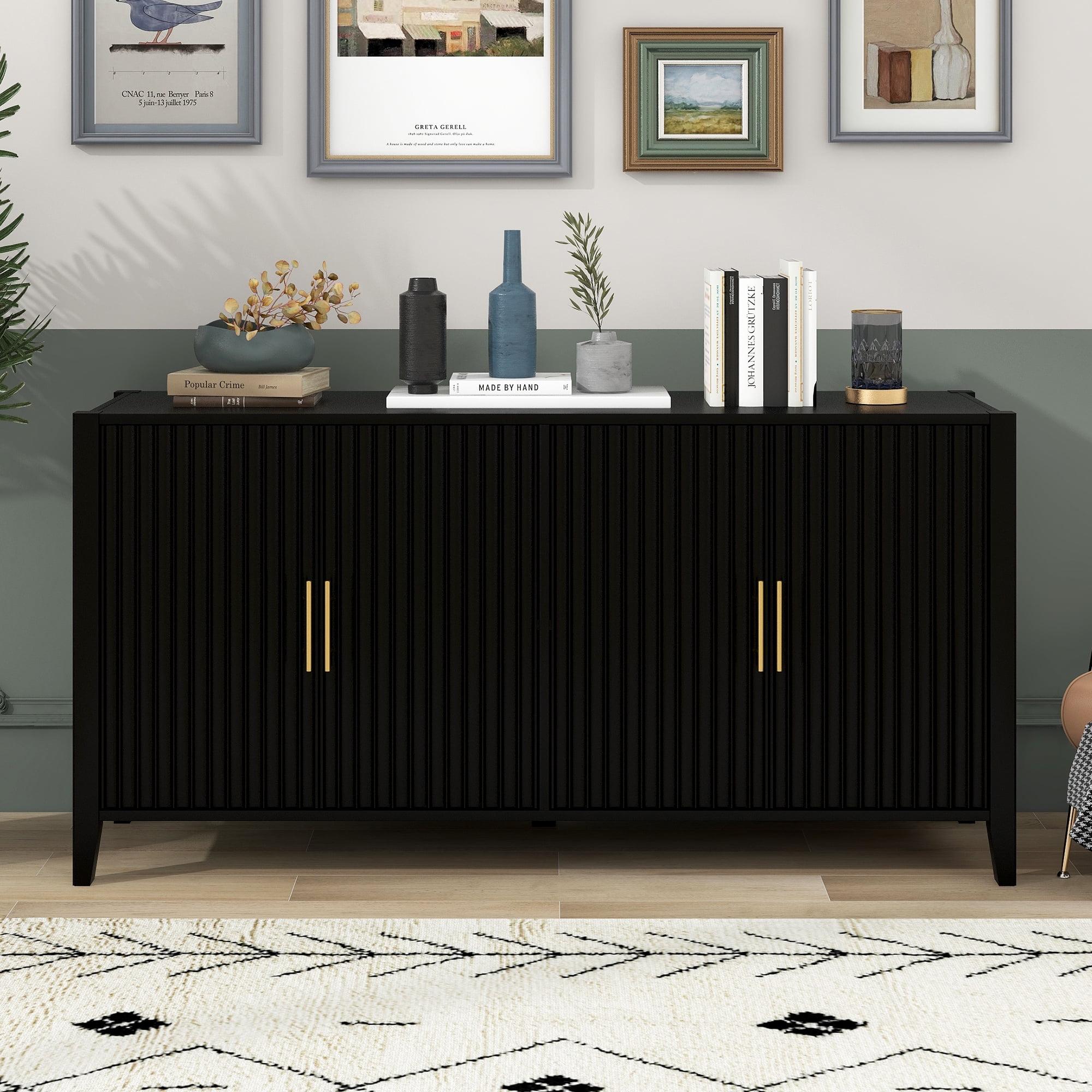 63”Inch Modern Wood Accent Buffet Sideboard Serving Storage Cabinet with Large Storage Space, Metal handles & Wood Legs and Shelves for Dining Room, Entryway (Black)