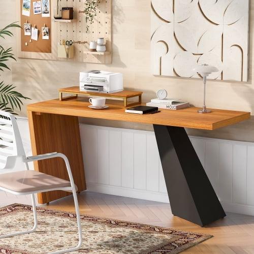 63" Teak and Black Wood Executive Desk with Monitor Stand