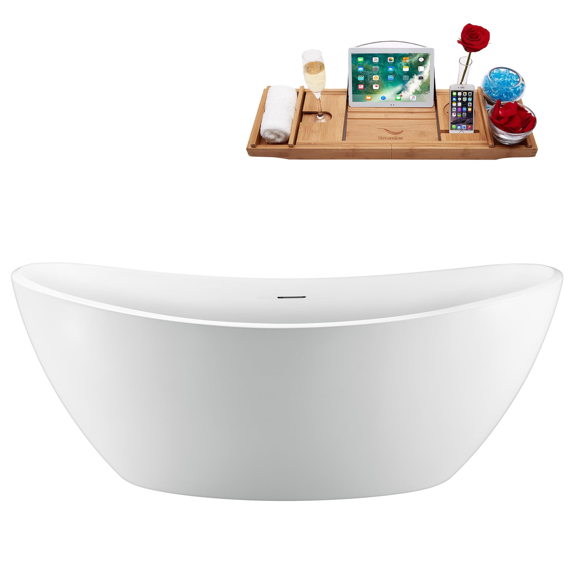 63'' Streamline Freestanding Soaking Acrylic Bathtub With Drain and Bamboo Tray