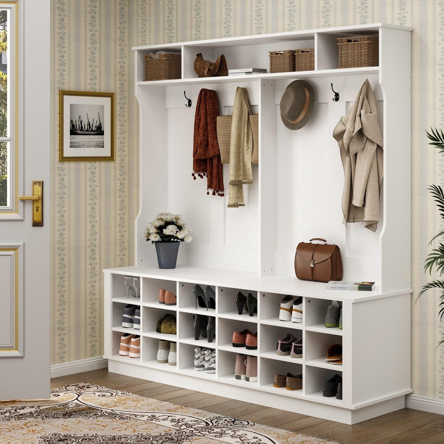 White Hall Tree with Shoe Storage Bench and Hooks