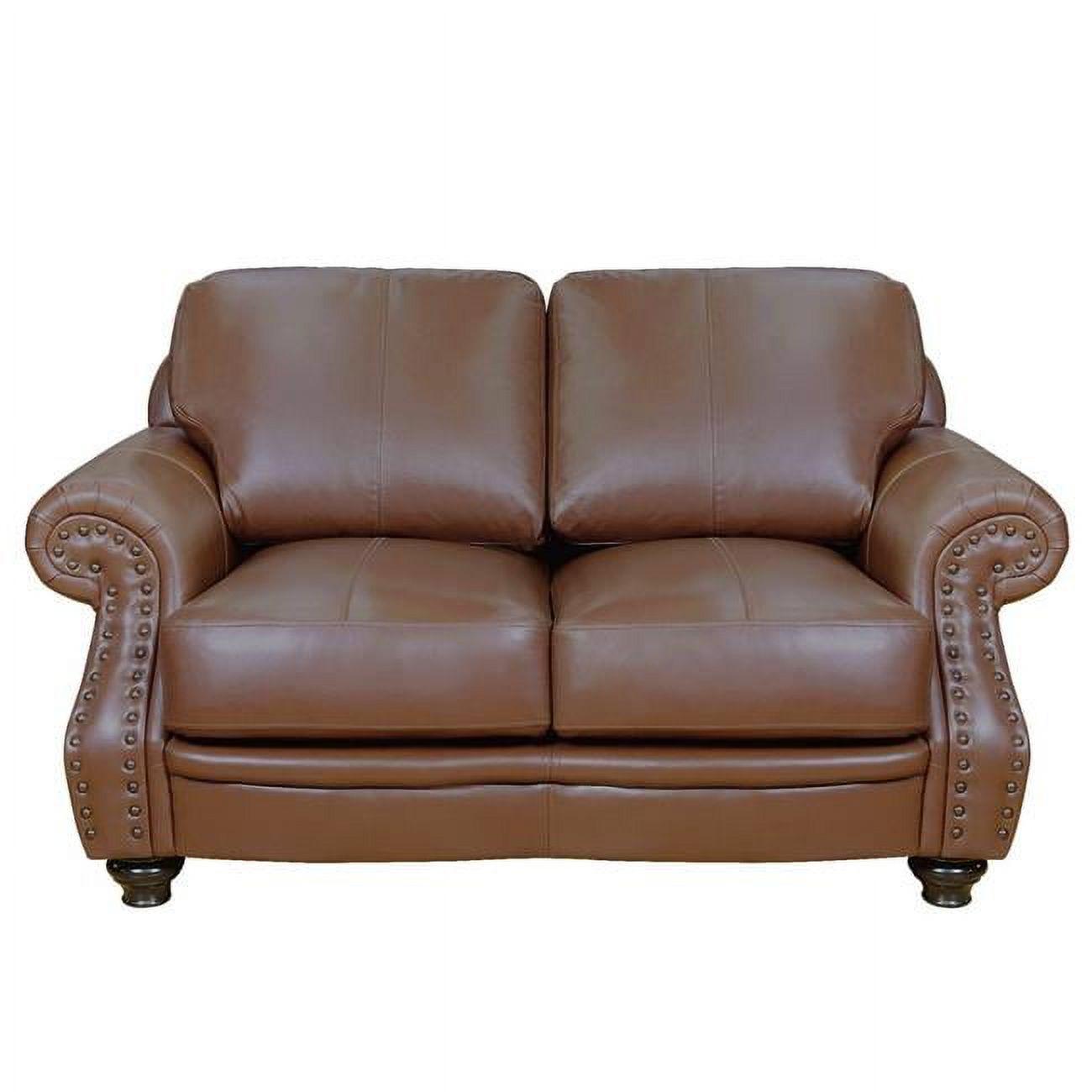 Charleston Chestnut Brown Top-Grain Leather Loveseat with Brass Nailheads