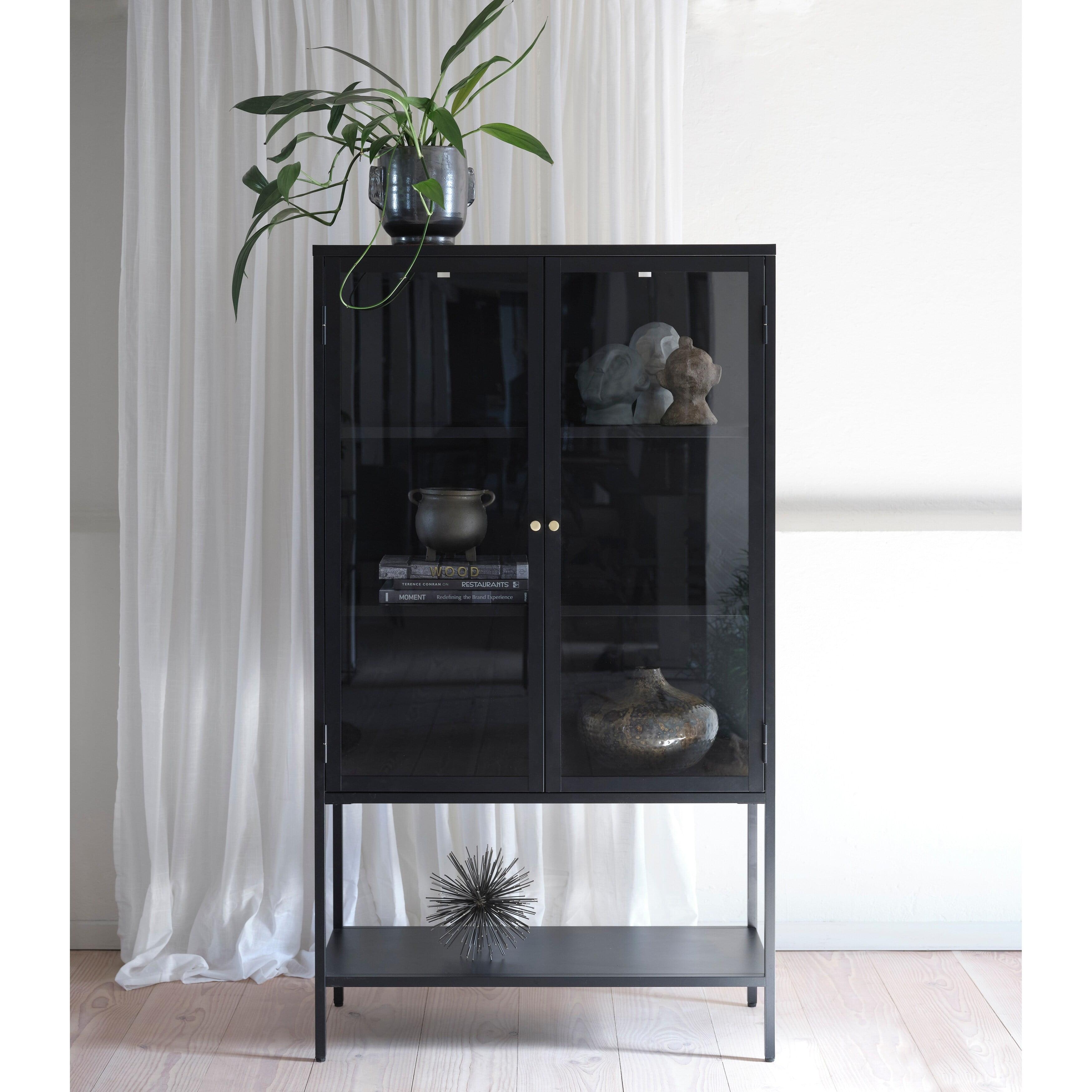 63-Inch Black Metal and Glass China Cabinet with Shelves