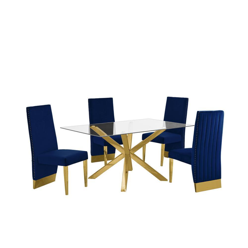 63"x 39" Rectangular Clear Glass 5pc Dining Set with Gold Stainless Steel