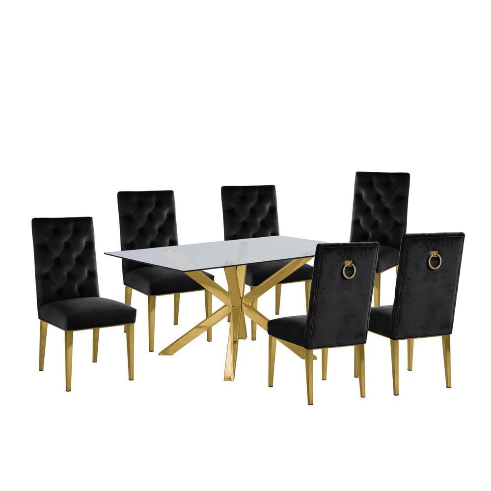63"x 39" Rectangular Clear Glass 7pc Dining Set with Gold Stainless Steel