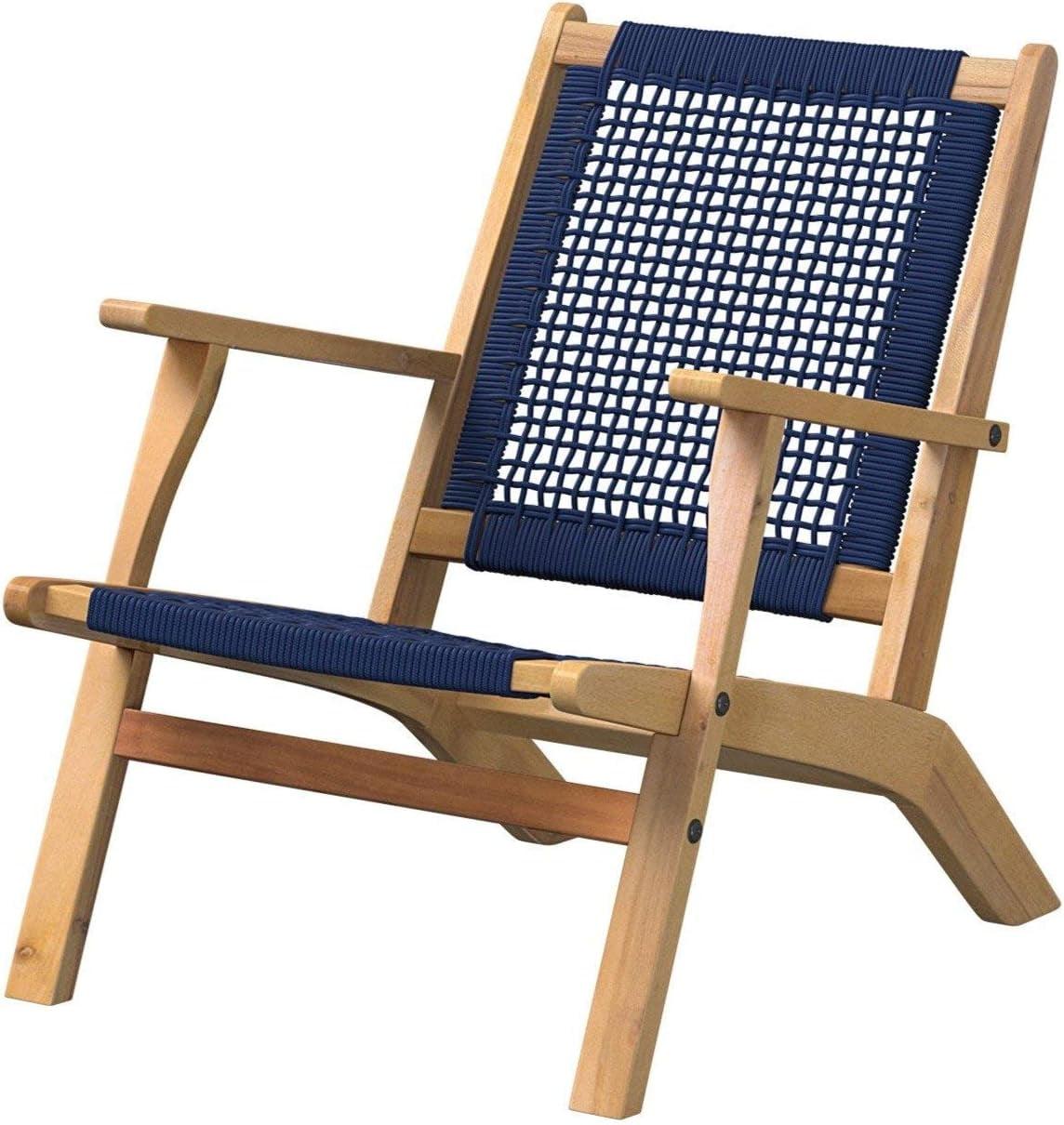 Vega Midcentury Natural Acacia Wood Outdoor Chair with Navy Blue Cording