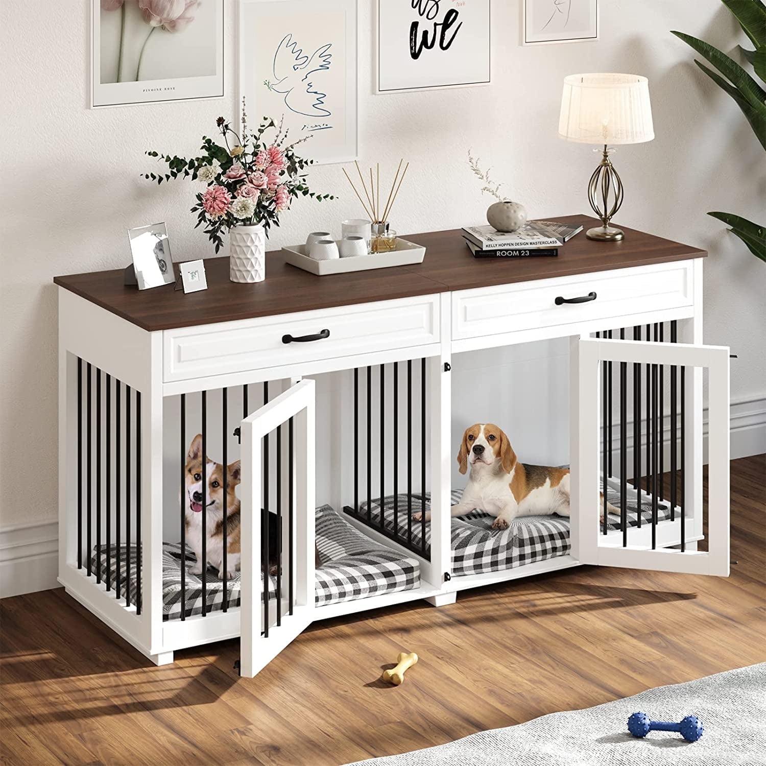 FUFU&GAGA Wooden Double Dog Crate Kennel Furniture with 2 Drawers & Divider White