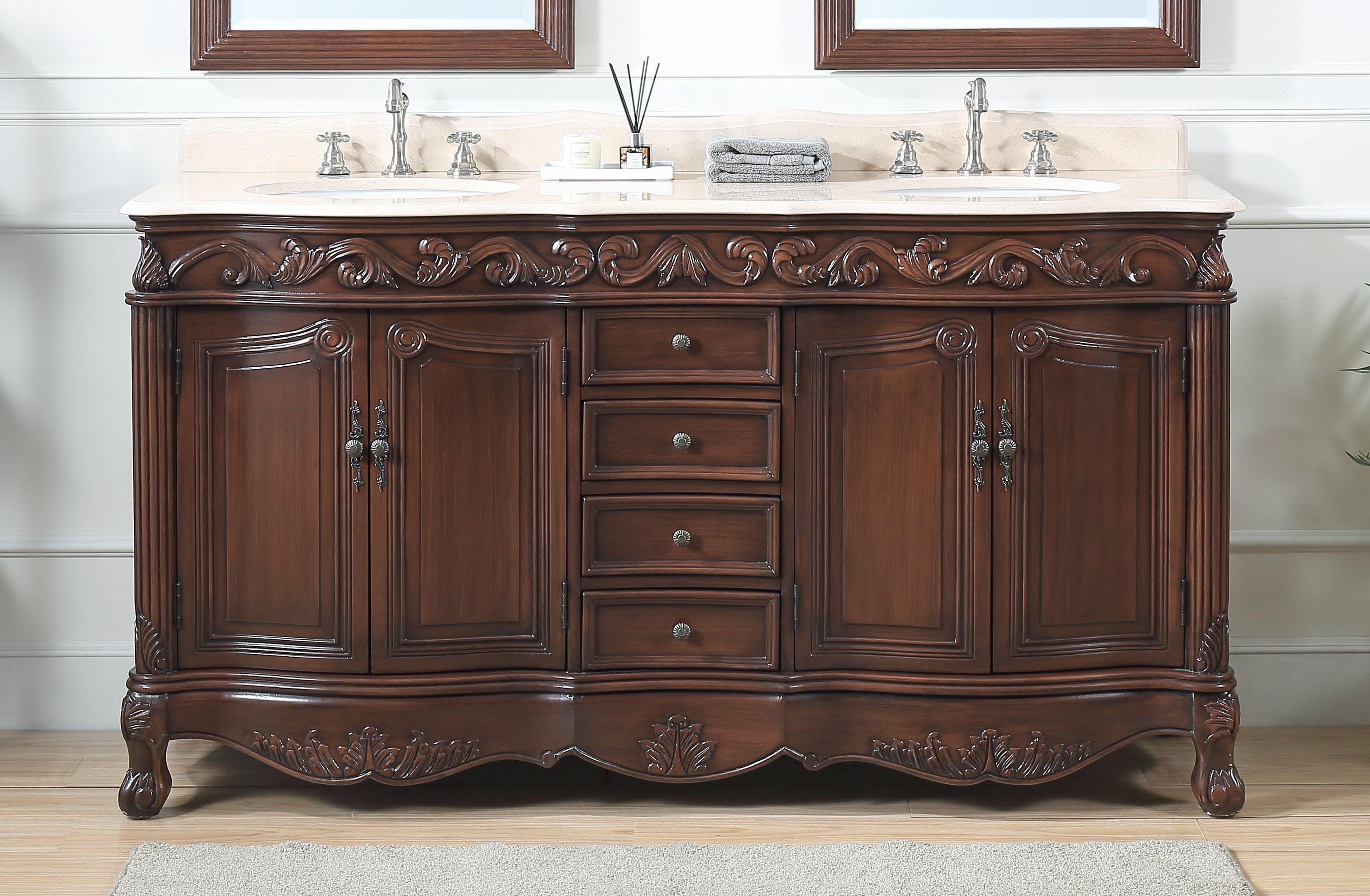 64-Inch Dark Brown Wood Double Sink Vanity with Marble Top