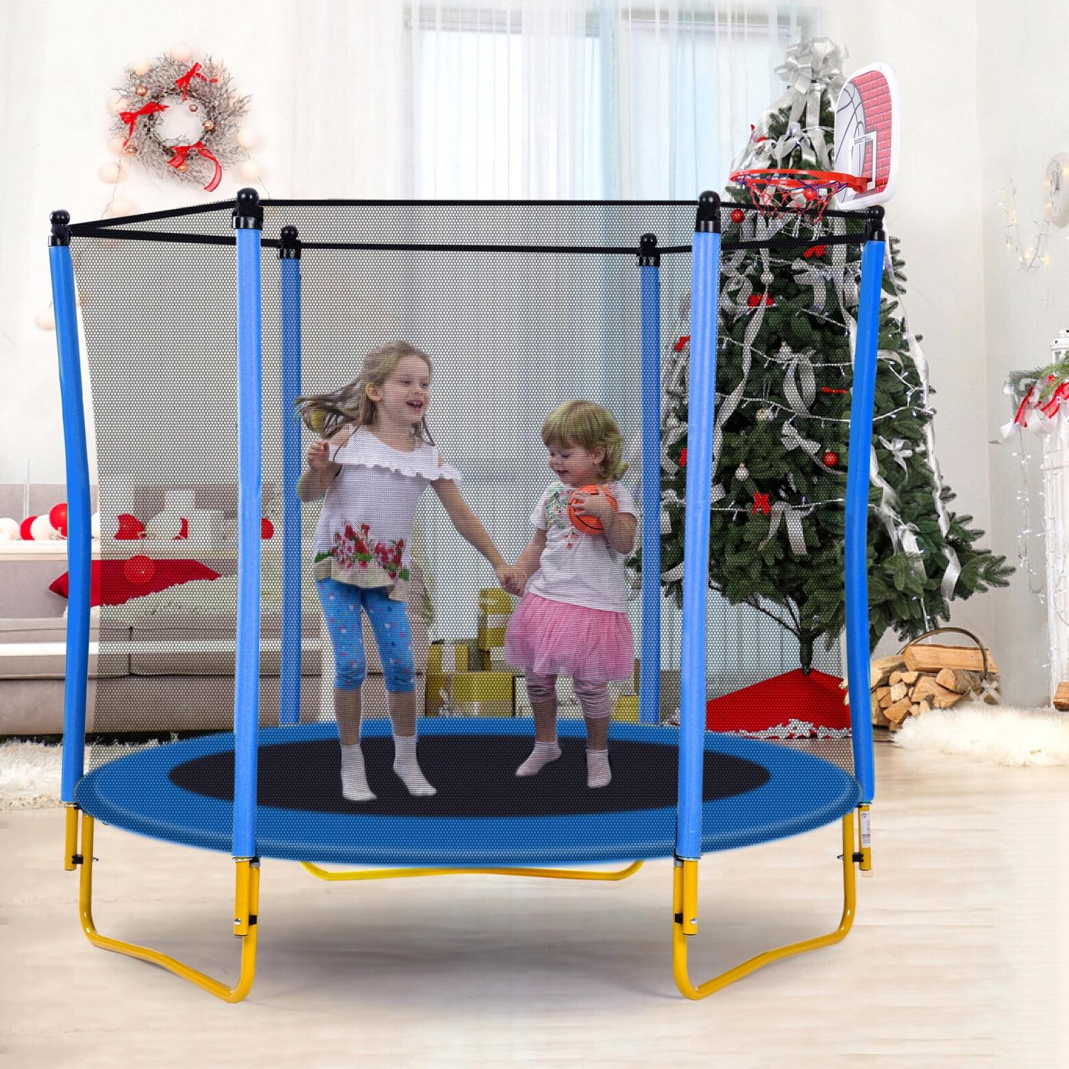 Trampoline for Kids, 65" Toddler Mini Trampoline with Enclosure Net, 5.5FT Indoor/Outdoor Kids Trampoline with Basketball Hoop/Basketball for Boys Girls Age 1-8, Blue