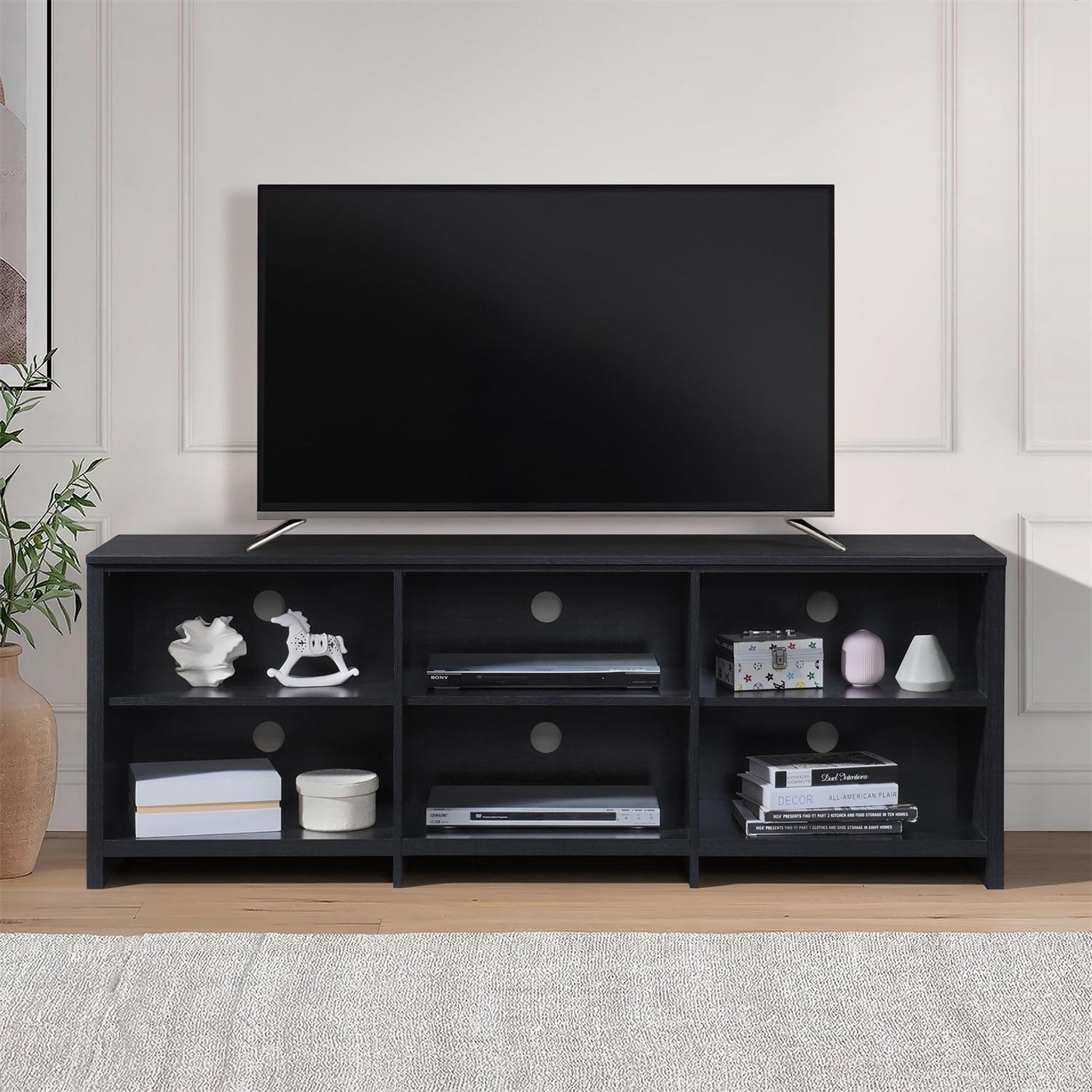 AndMakers 65 in. Modern Black Oak TV Stand For TVs Up To 62" With 6 Open Shelves, Modern Entertainment Center With Storage, TV Console Table