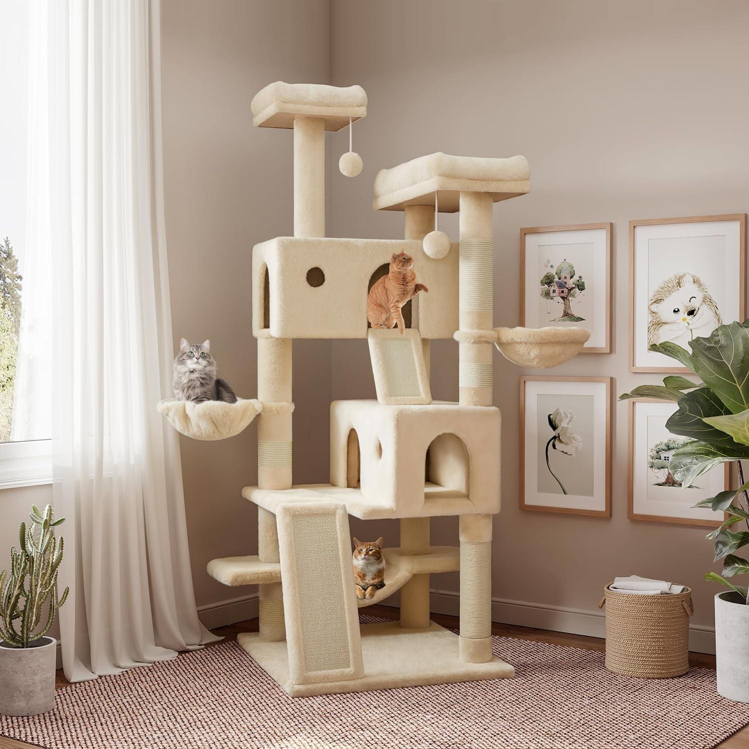 Beige 65in Plush and Sisal Multi-Level Cat Tree Tower