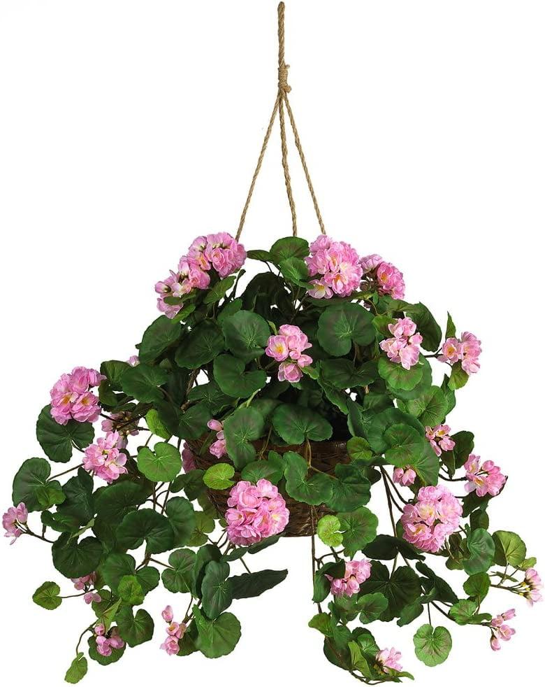 Vibrant Multicolor Silk Geranium Hanging Basket with Wicker Planter