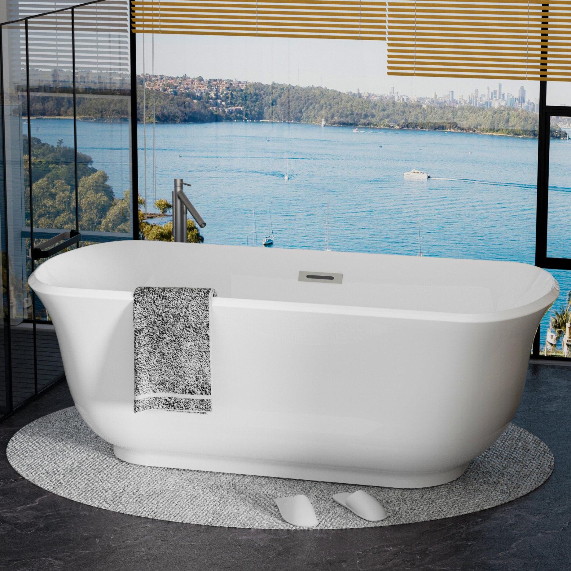 67" Matte White Acrylic Freestanding Soaking Bathtub with Ergonomic Backrest