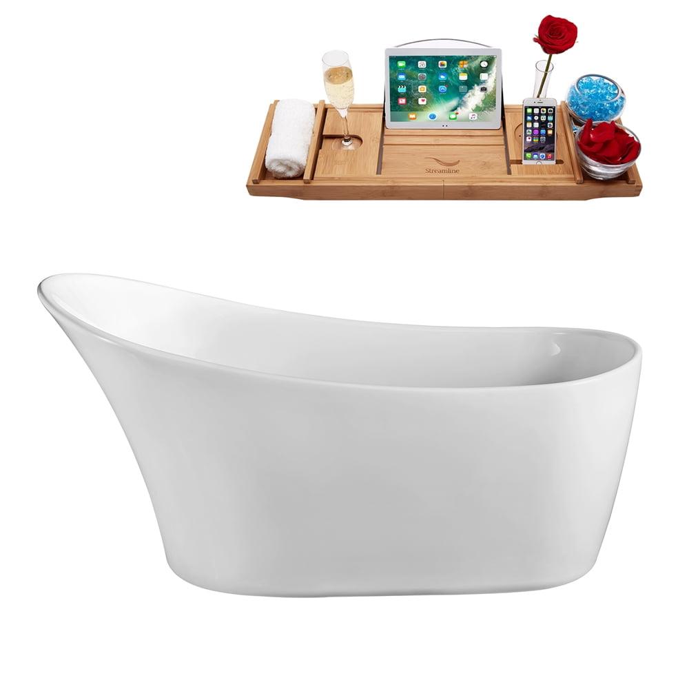 67" Streamline Freestanding Soaking Acrylic Bathtub With Drain and Bamboo Tray