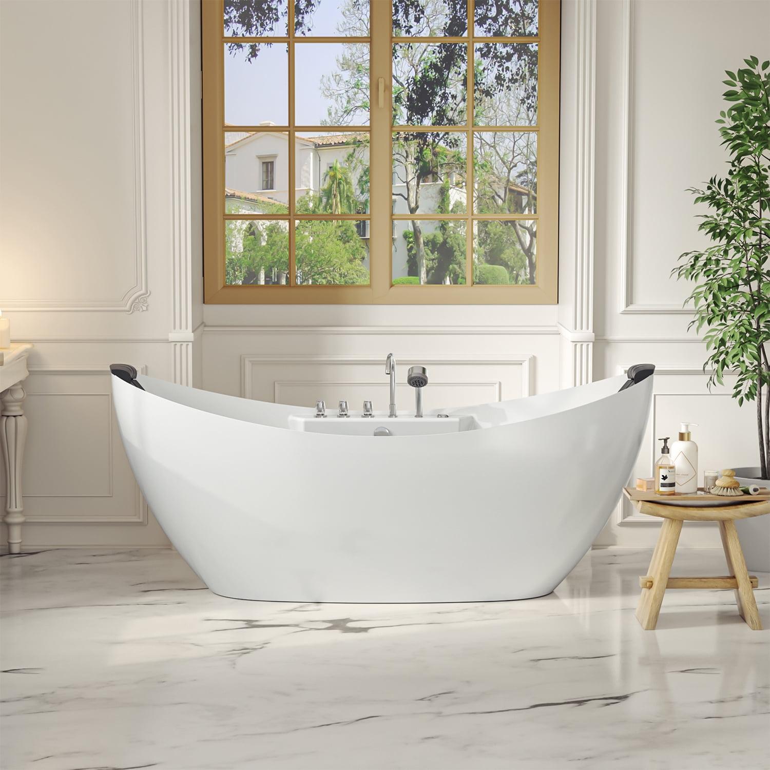 67'' White Acrylic Freestanding Whirlpool Bathtub with Faucet