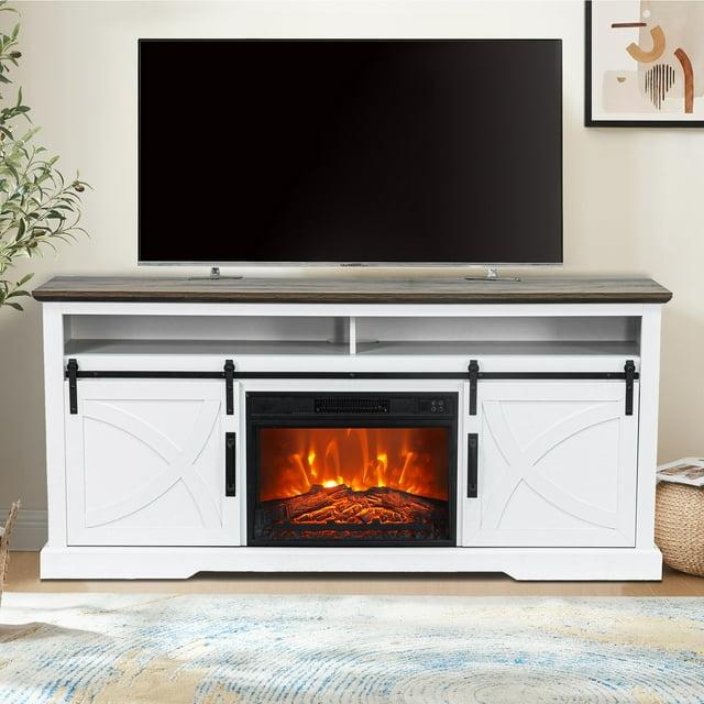 Parrot Uncle 68" Farmhouse White Electric Fireplace TV Stands Console for 78-inch TV with Remote