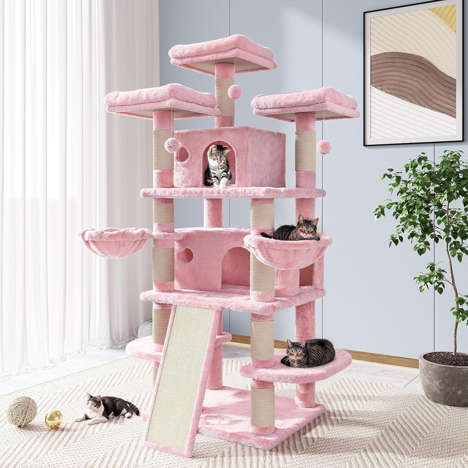 Pink Multi-Level Large Cat Tree with Sisal Scratching Posts and Cozy Perches