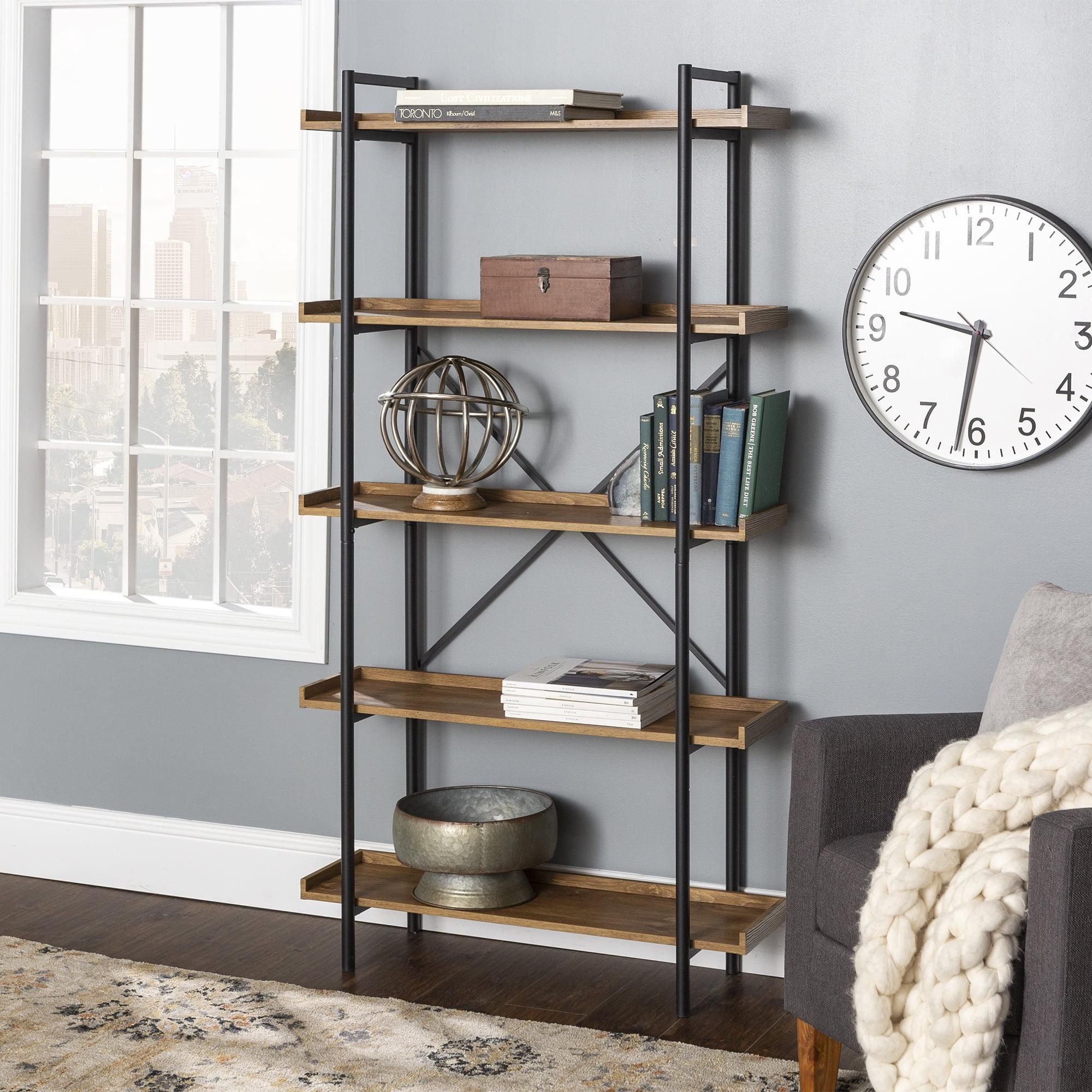 68" Urban Pipe Bookcase with 5 wood Shelves in Barnwood brown