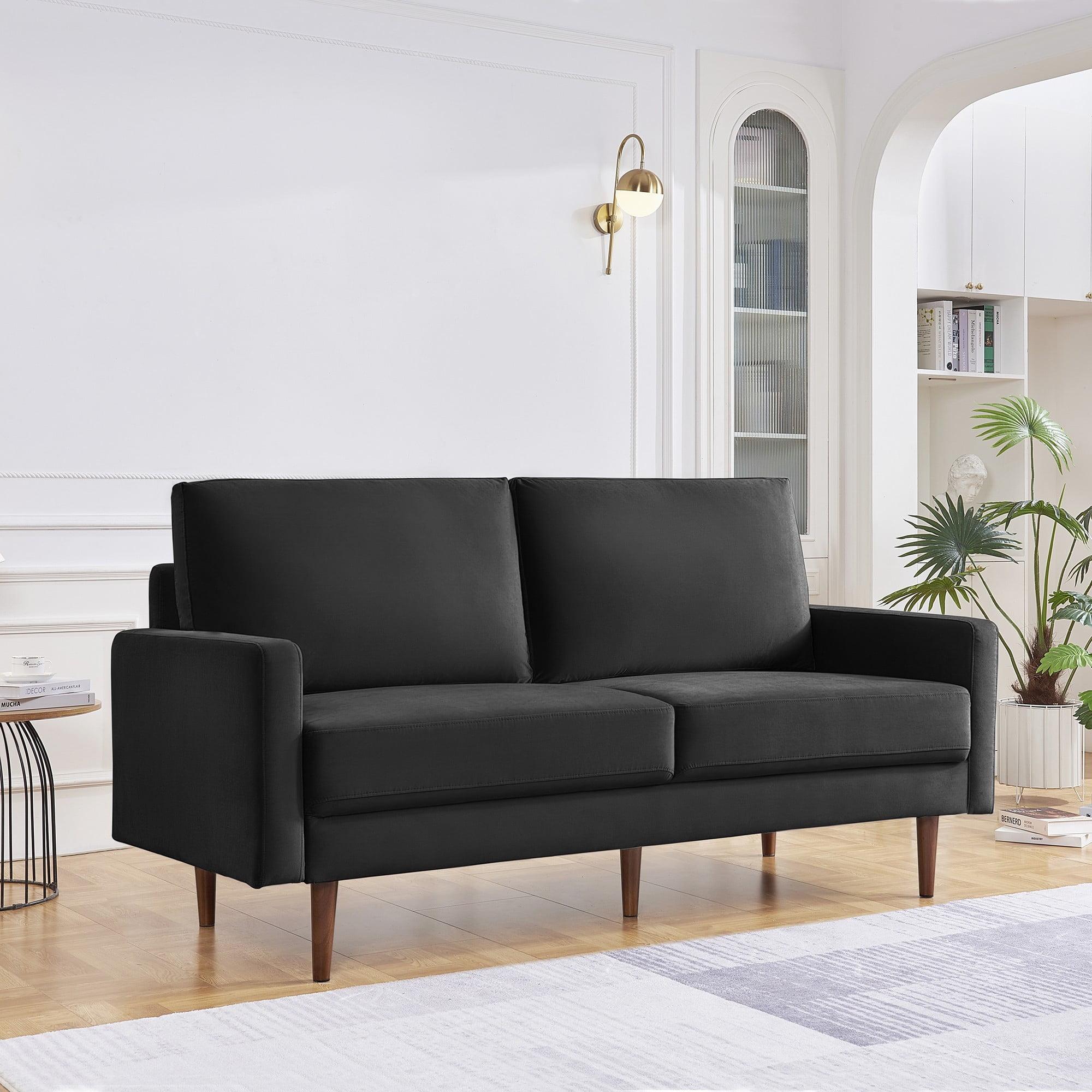 69 Inch Black Velvet Lawson Sofa with Wood Legs