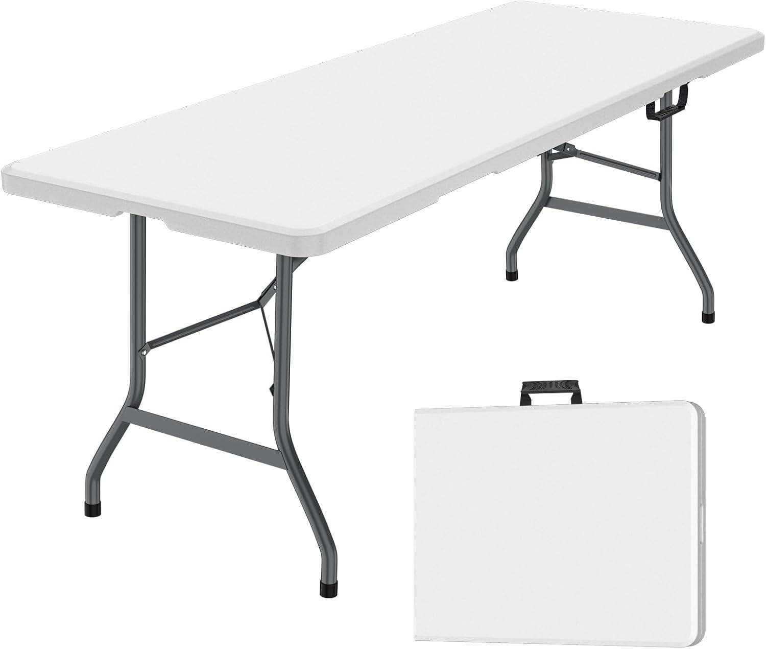 CL.HPAHKL Folding Table with Carrying Handle, Portable Plastic 6 Ft Camping Table, Sturdy Steel Frame for Indoor Outdoor, White