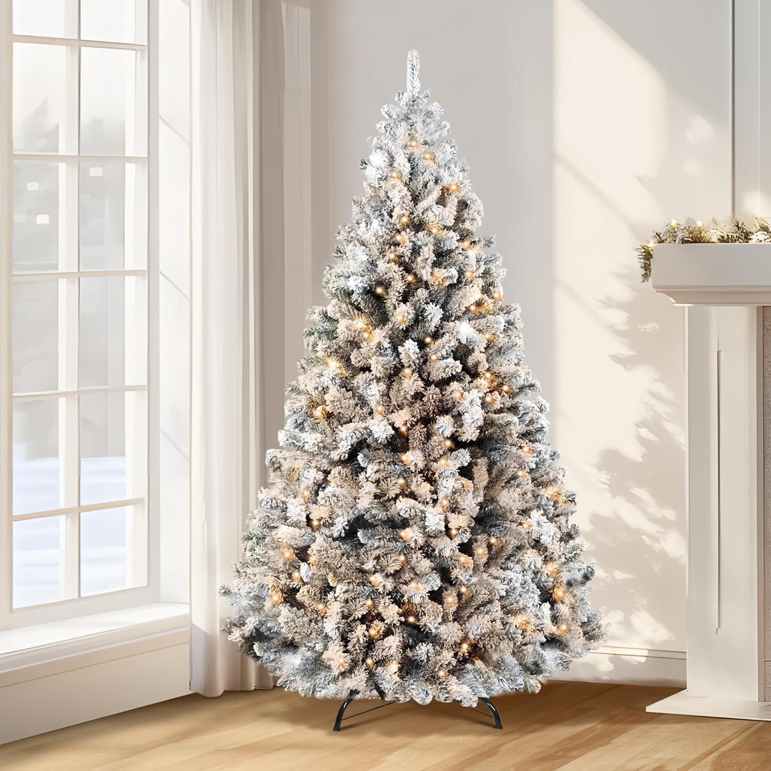 The Holiday Aisle® Pre-lit Artificial Christmas Tree Snow Flocked Holiday Christmas Tree with Metal Stand | Wayfair