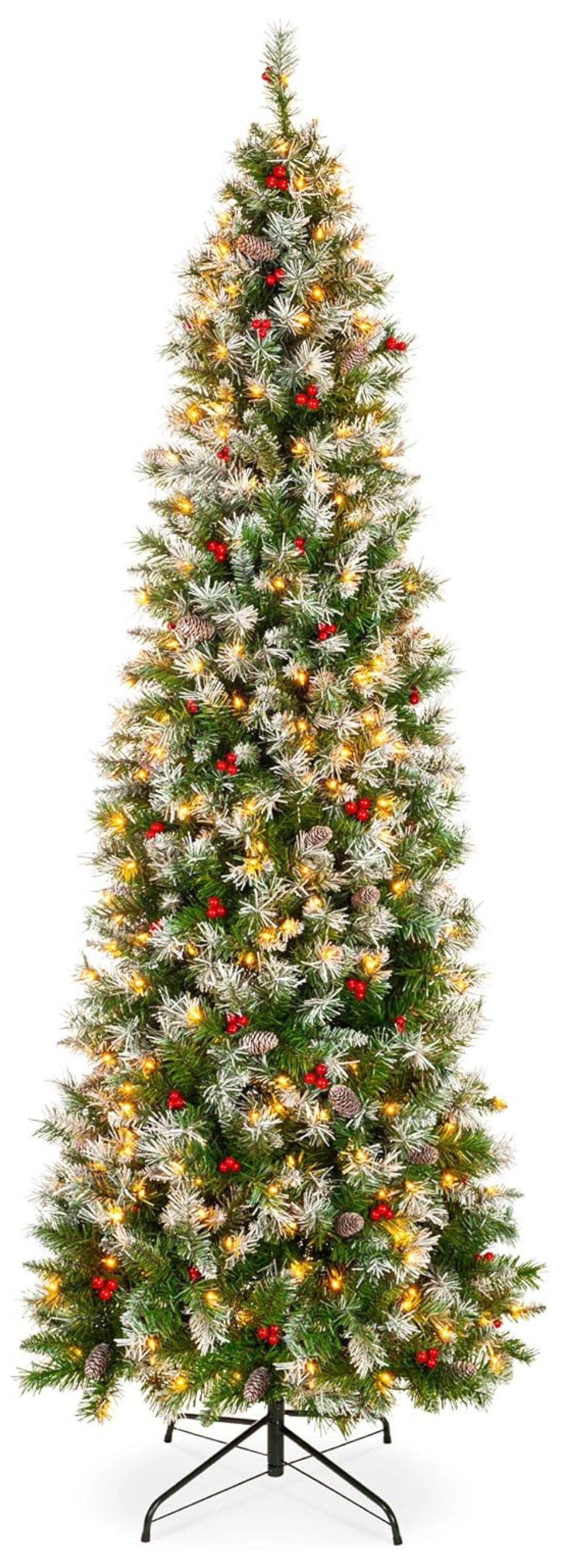 Best Choice Products Pre-Lit Pencil Christmas Tree, Pre-Decorated, Frosted w/ Flocked Tips, Lights, Base