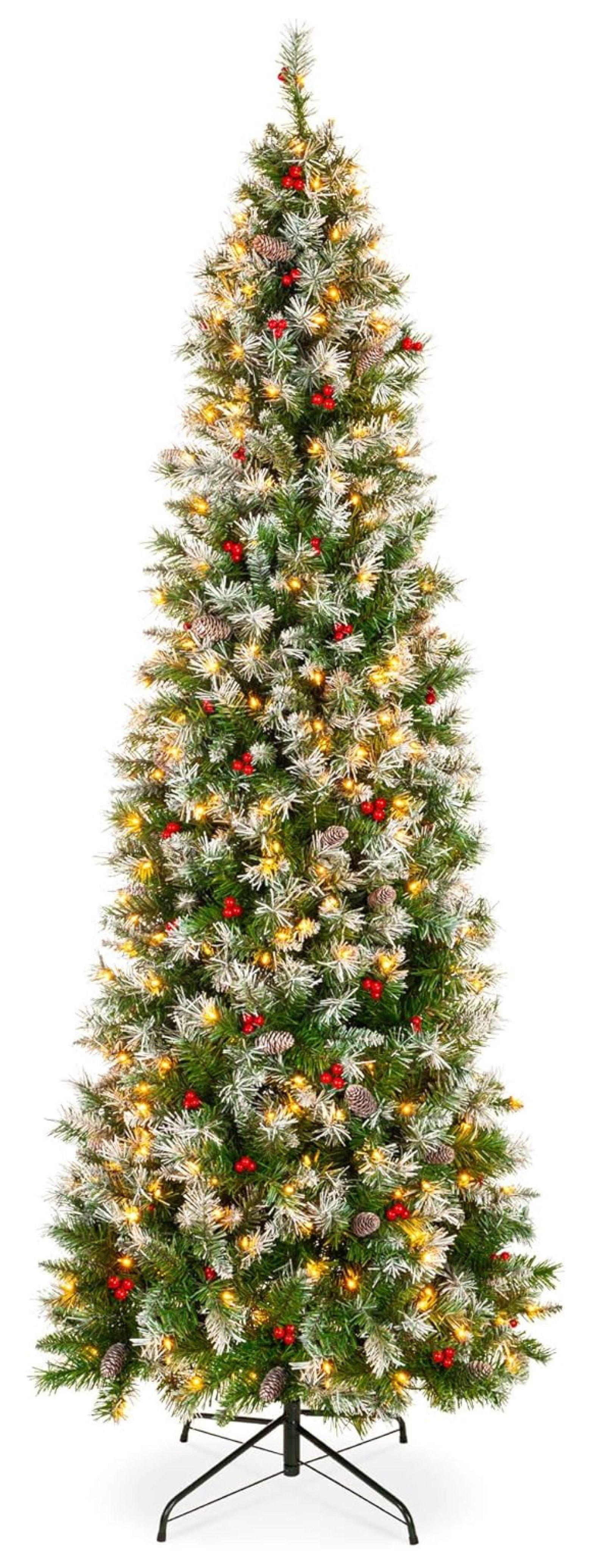 Best Choice Products Pre-Lit Pencil Christmas Tree, Pre-Decorated, Frosted w/ Flocked Tips, Lights, Base