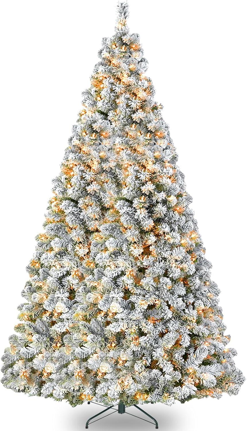 6FT Prelit Christmas Tree with Lights, Snow Flocked Artificial Christmas Tree with 250 Warm White LED Lights, 820 Branch Tips, Indoor Fake Xmas Tree for Home, Office, Party Decoration