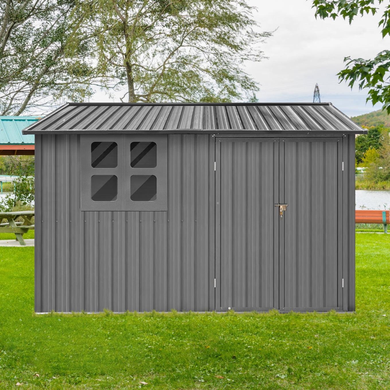 Gray 6x8 Ft Metal Garden Shed with Windows and Lockable Doors