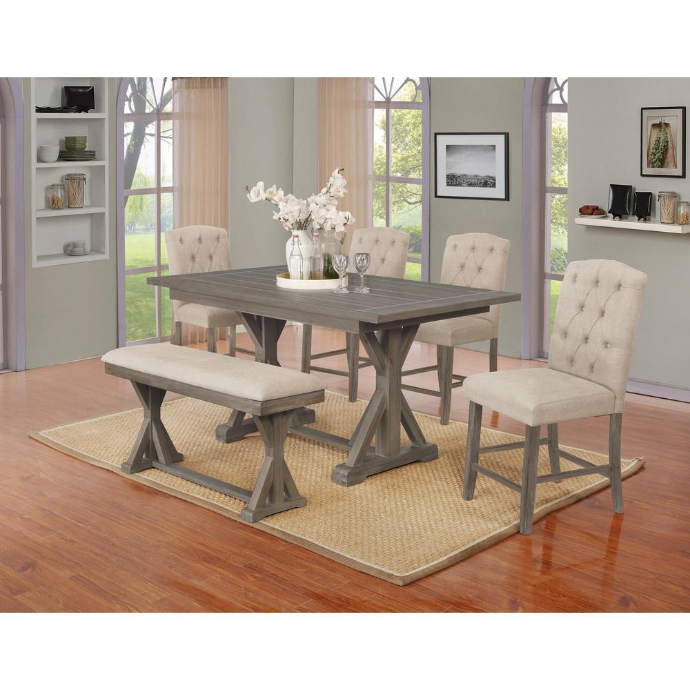 6-Piece Gray-Brown MDF Counter Height Dining Set with Beige Linen Chairs and Bench