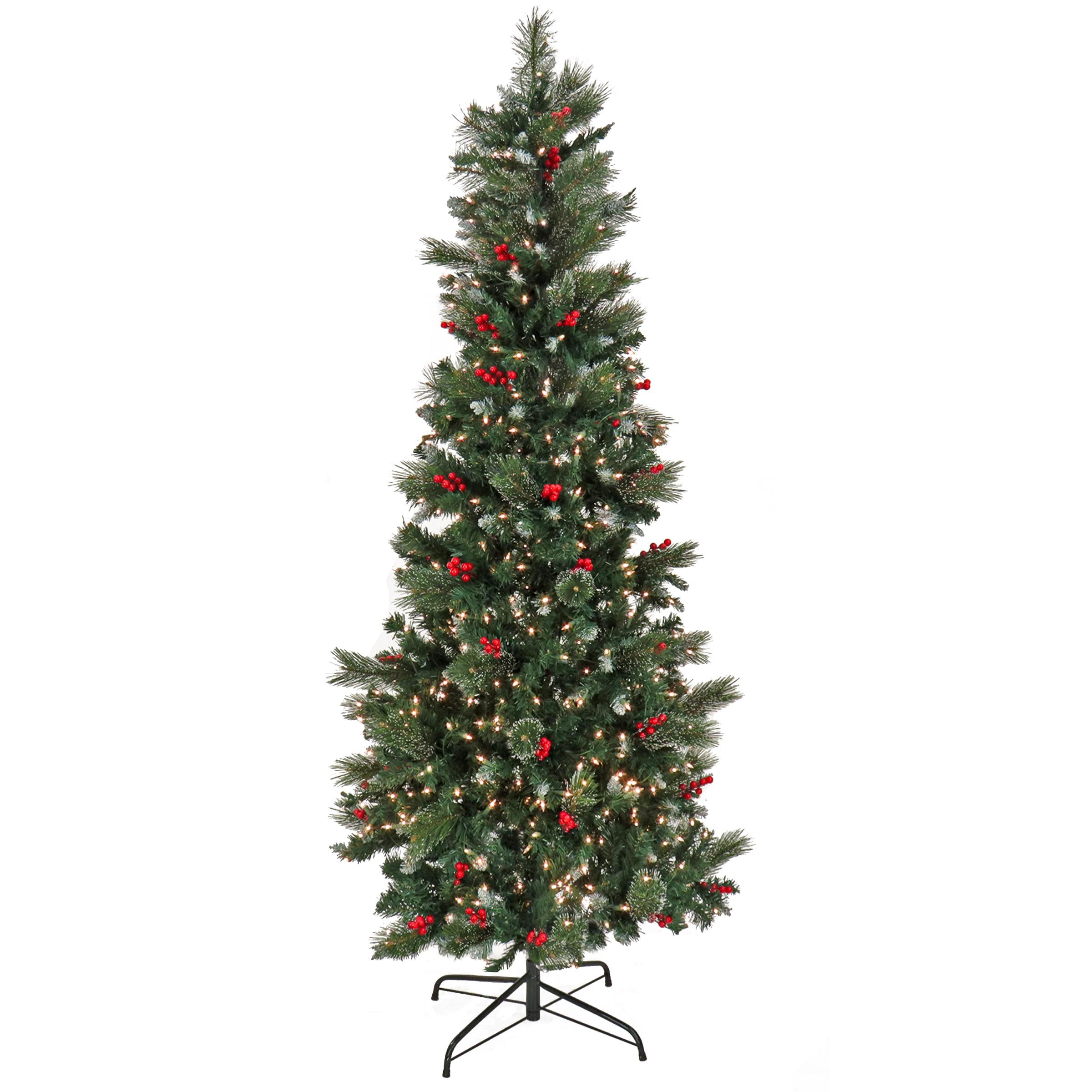 7.5' Green Pine Pre-Lit Slim Christmas Tree with Red Berries