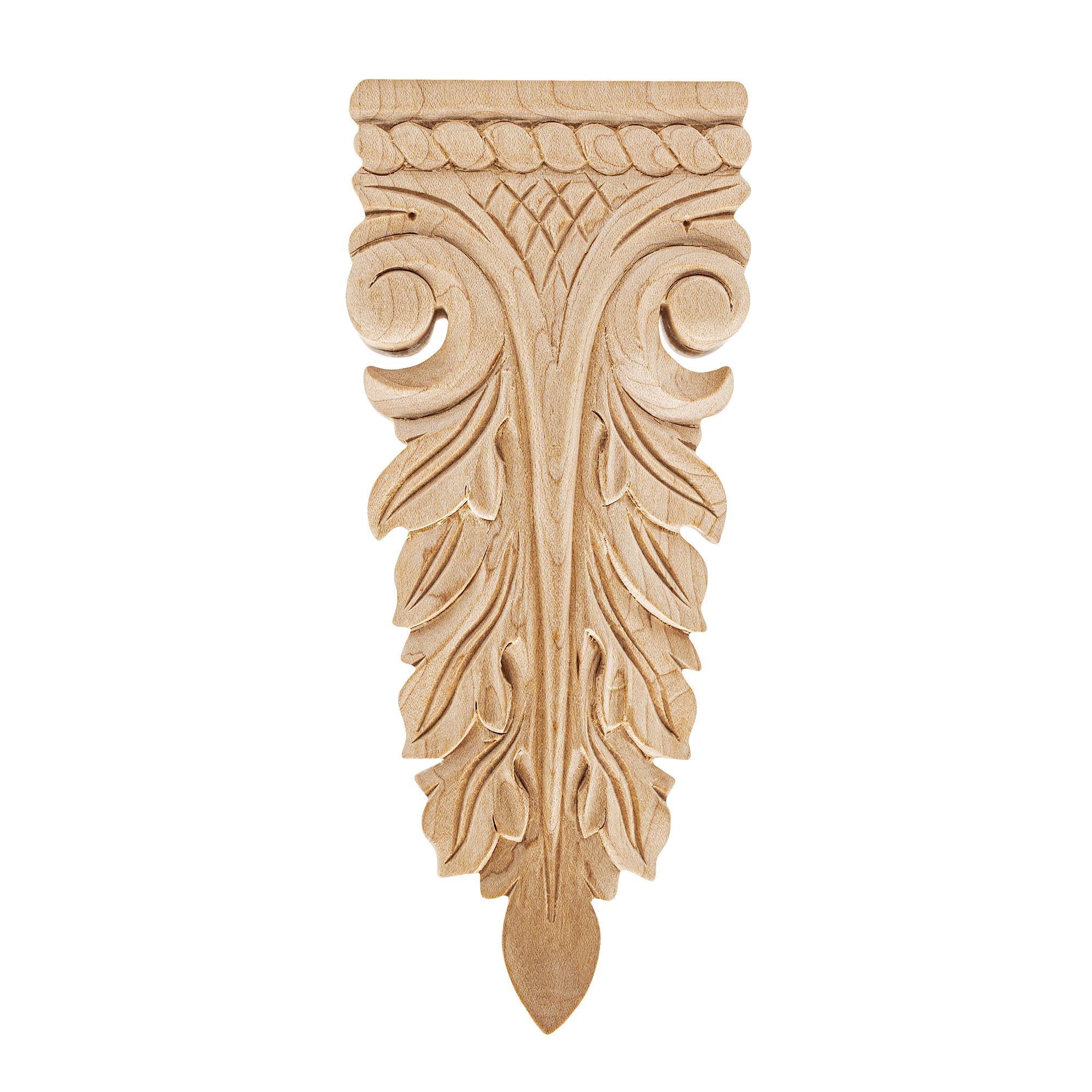 7-1/2 in x 3-1/8 in x 1 in Unfinished Hand Carved Solid Wood Onlay Acanthus Wood Applique