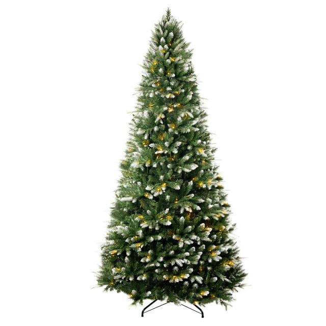 The Holiday Aisle® Traditional Pre-Lit Artificial Fir Christmas Tree, White Tip Warm Lighted Christmas Tree with Stand