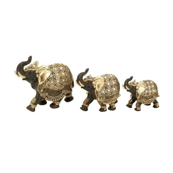 World Menagerie Alfhild Polystone Handmade Decorated Elephant Gold Sculpture with Ornate Dresswear and Pearl Accents Set
