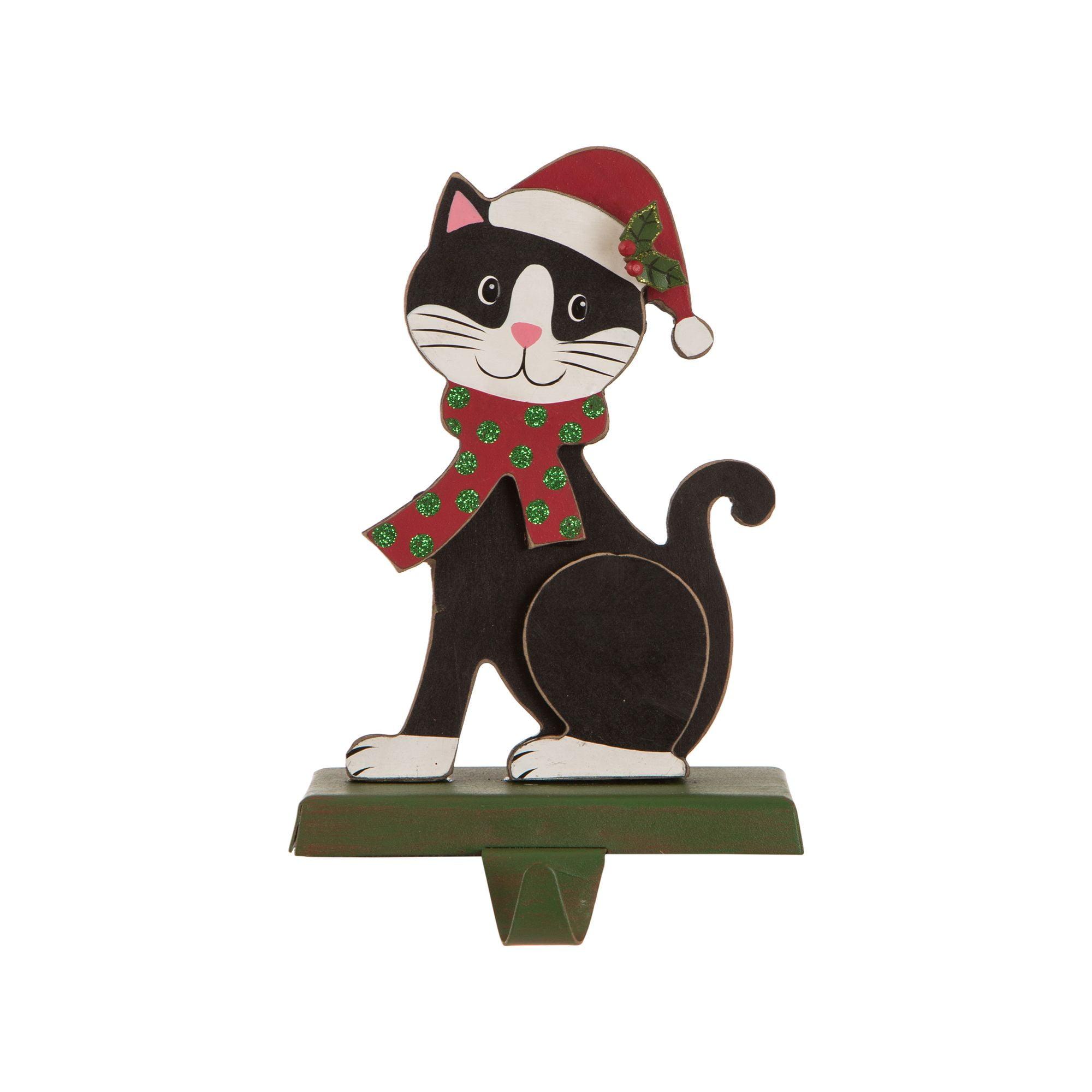 7.75" Black and Red Wooden Cat Christmas Stocking Holder