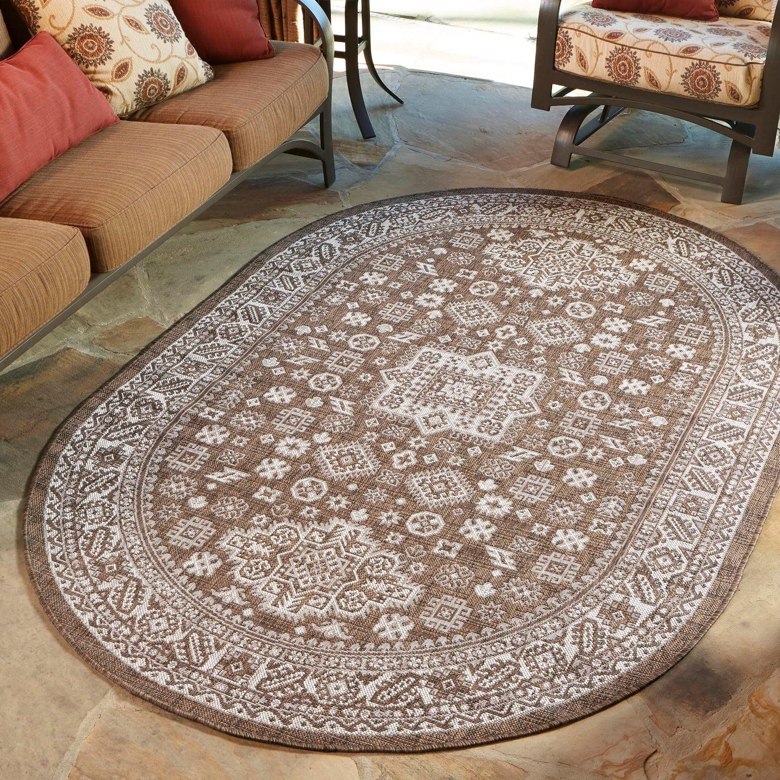 Elegant Outdoor Aztec 8' x 10' Brown Oval Synthetic Area Rug