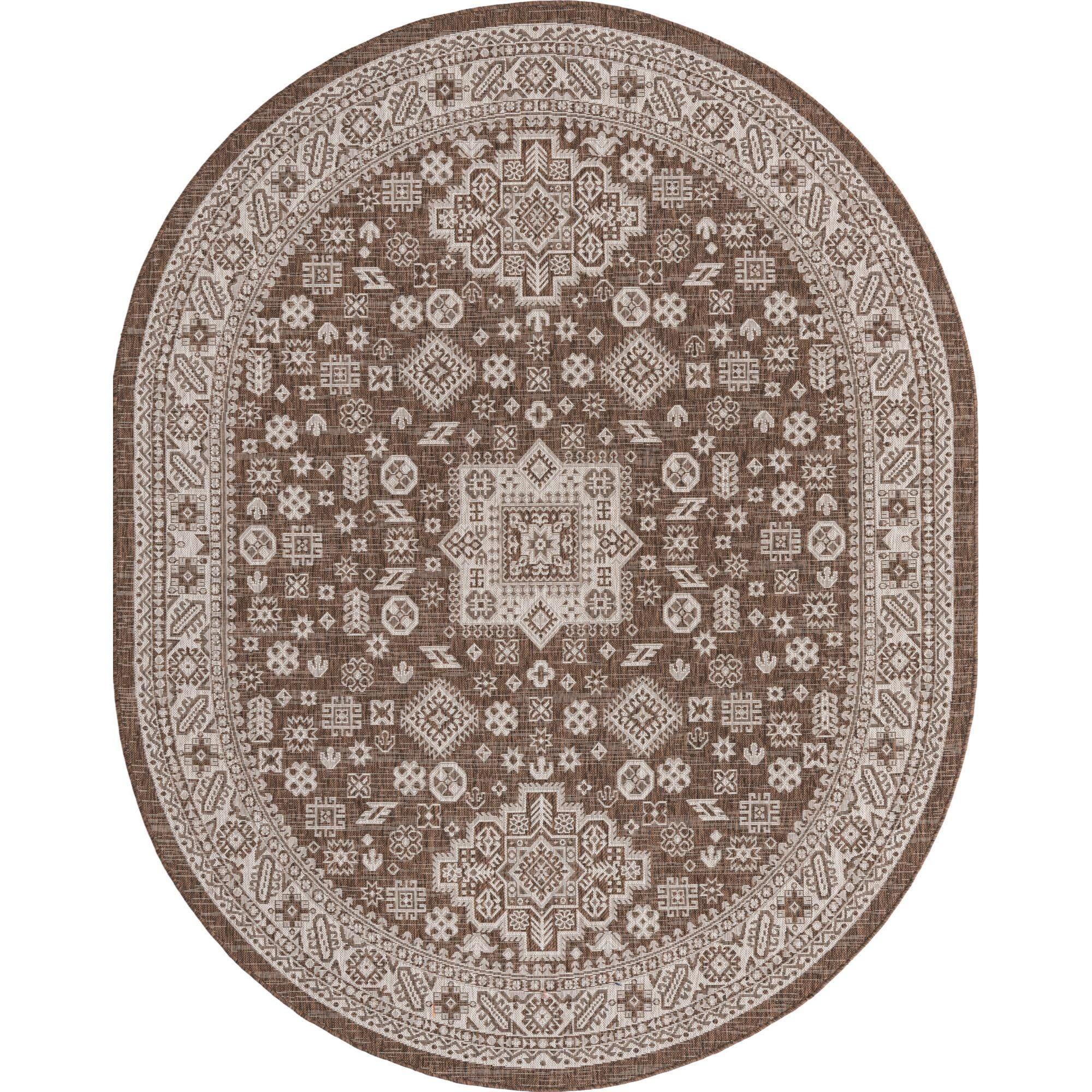 7.75' x 10' Tribal Medallion Brown and Ivory Oval Outdoor Area Throw Rug