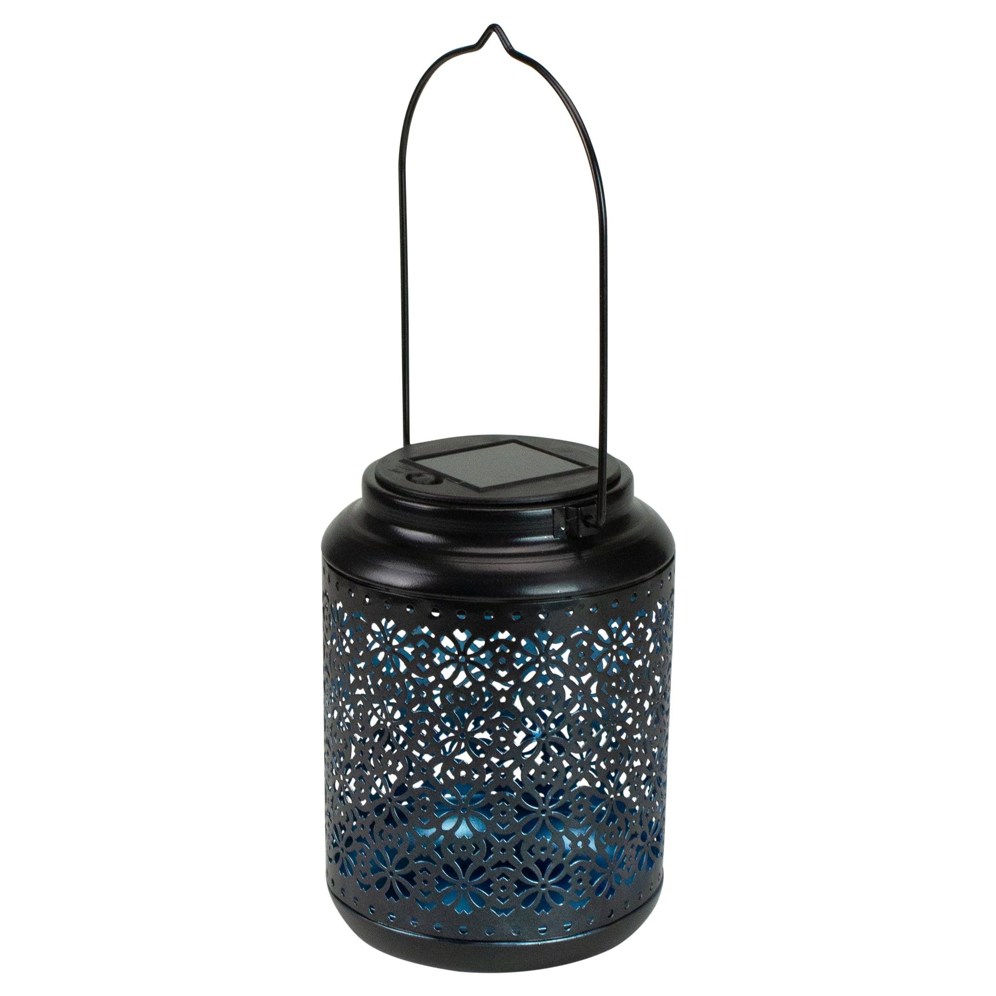 7" Black Floral LED Solar Outdoor Lantern with Handle