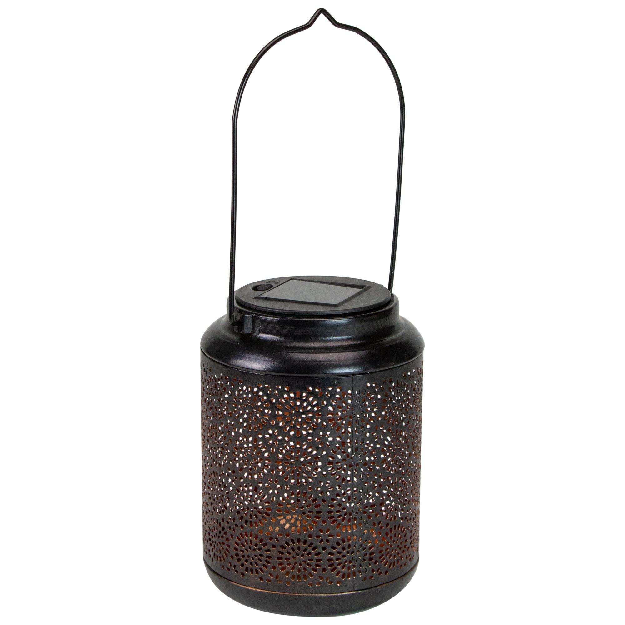 7" Black Floral LED Solar Outdoor Lantern with Handle